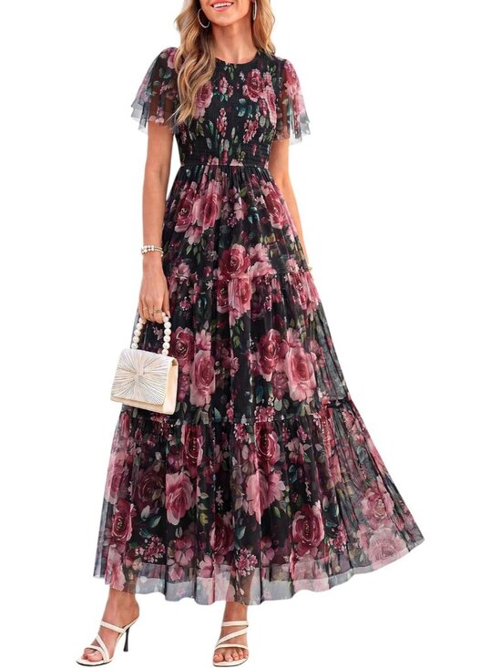 Dresses & Skirts - 〽️Black Boho Floral Maxi Dress Women’s Flutter Sleeve Smocked Tiered A Line